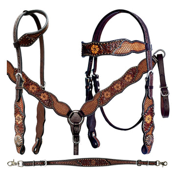 Bar H Equine Genuine Western American Leather Horse Premium Headstall & Breast Collar Set